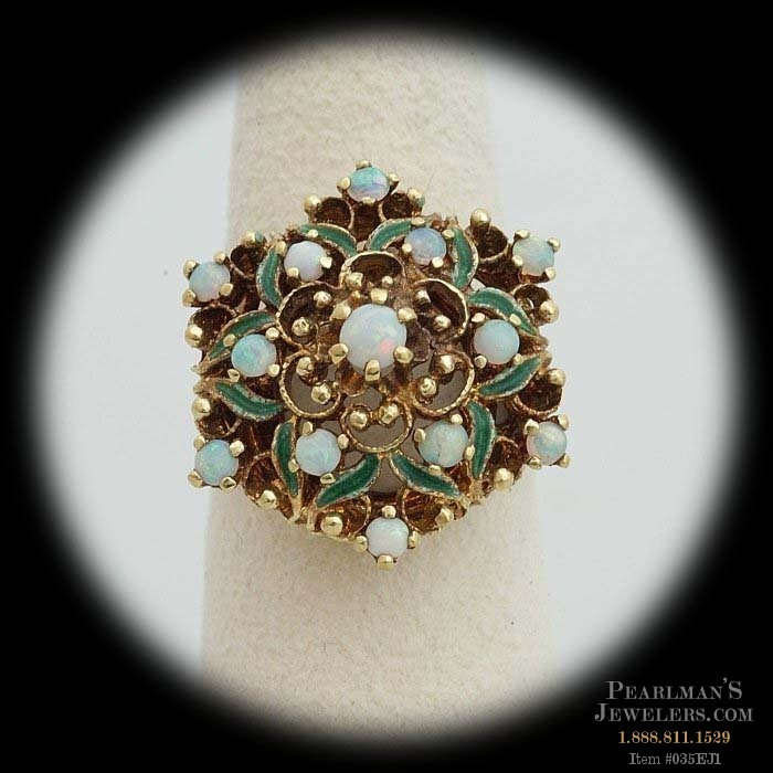 14 KT. YELLOW GOLD OPAL ENAMEL FILIGREE COCKTAIL RING  