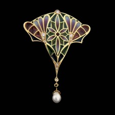 18KT YG ENAMEL, DIAMONDS, PEARLS 1910 NOUVEAU PENDANT  